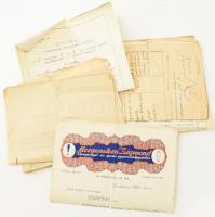 1930-1951 Sárbogárdi és Görbő-pinczehelyi izraelita családi iratok és igazolások a Stampfer családtól (Sugárra magyarítva) benne Adler induló gépelt vers a munkaszolgálat emlékére, összesen 10 db, benne fejléces számlák