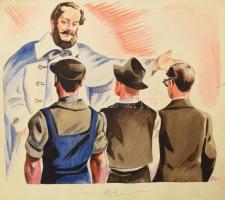 Szegő Gizi (1902-1985): ,,- Jöttünk, hogy megköszönjük a Kossuth-díjat ...". Vegyes technika, papír, jelzett, hátoldalán autográf felirattal, 19,5x24 cm