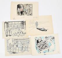 Szegő Gizi (1902-1985): 5 db karikatúra. Vegyes technika, papír, jelzett, mindegyik hátoldalán "Ludas Matyi Szerkesztősége" bélyegzővel, feliratozva, 13x19,5 cm és 15x21,5 cm közötti méretben