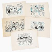 Szegő Gizi (1902-1985): 5 db karikatúra. Vegyes technika, papír, jelzett, mindegyik hátoldalán "Ludas Matyi Szerkesztősége" bélyegzővel, feliratozva, 14x20 cm körüli méretben
