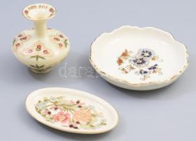 Zsolnay búzavirág mintás tálka d: 12,5 cm + virágmintás ékszeres tálka h: 11,5 cm + Exclusiv kisváza m: 8 cm, jelzett.