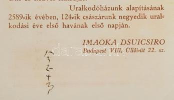1929 Imaoka Dzsuicsiro (1888-1973) kutató, író aláírása újévi köszöntő nyomtatványon, hajtott. Bp., Kir. M. Egyetemi Nyomda, 1 sztl. lev.