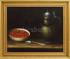 Olvashatatlan jelzéssel: Csendélet eperrel. Olaj, vászon. Restaurált. Hátoldalán Gombkötő Emília pozsonyi (Bratislava) bélyegzőjével. Dekoratív fakeretben. 30,5x37,5 cm