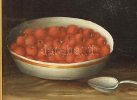 Olvashatatlan jelzéssel: Csendélet eperrel. Olaj, vászon. Restaurált. Hátoldalán Gombkötő Emília poz...