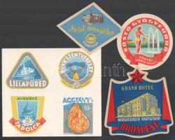 cca 1950 7 db magyar hotelcímke, részben egy íven