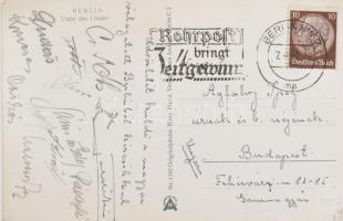 A magyar labdarúgó válogatott által aláírt képeslap, 1940.IV.7.-én, a német válogatott ellen, a berlini olimpiai stadionban játszott mérkőzés (2:2) után küldve. A gólokat Toldi Géza és Sárosi Béla szerezte magyar oldalon. Az egyértelműen kivehető autográf aláírások: Csikós Gyula, Pákozdi László, Kincses Mihály, Király Sándor, Sütő Károly, G. Tóth Péter, Sárosi Béla, Toldi Géza.