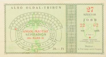 1954 belépőjegy a Népstadionba az Angol-Magyar football-mérkőzésre (a meccs a híres 6:3 visszavágója volt és Magyarország 7:1 arányban nyert). / Ticket for the football match Hungary vs England. The aftermath of the London triumph of the Golden Team