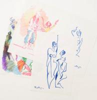 Olvashatalan jelzéssel v. jelzés nélkül, 4 db mű: Alakok, aktok. Filctoll, papír. 30x21 cm