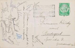 1938.IV.14. VfR Mannheim - Ferencváros 0:4 labdarúgó mérkőzésről küldött képeslap a Fradi játékosok aláírásaival Kemény, Sárosi, Toldi stb /  VfR Mannheim - Ferencváros 0:4 football match postcard, signed by the FTC players