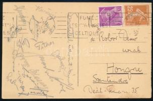 1938 Párizs labdarúgó világbajnokság. A második helyezett magyar csapat által aláírt képeslap Szabó Antal, Polgár Gyula, Bíró Sándor, Szalay Antal, Szűcs György, Lázár Gyula, Sas Ferenc, Zsengellér Gyula, Sárossy György, Vincze Jenő, Titkos Pál, Kohut Vilmos, Háda József, Korányi Lajos, Schaffer. /  Autograph signed postcard of the Hungarian football team, finishing on 2nd place on the football world cup