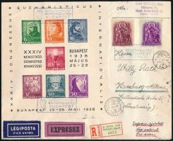 1938 Eucharisztikus blokk díjkiegészítéssel , alkalmi bélyegzéssel expressz ajánlott légi levélen Hamburgba / on registered express airmail cover to Hamburg