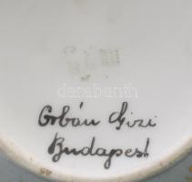 Zsolnay bonbonniere, egyedi festéssel Kézzel festett, jelzett (Orbán Gizi), kis kopással d: 14 cm