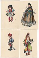 7 db RÉGI grafikai képeslap: magyar népviseletbe öltözött gyerekek, nők, férfiak / 7 pre-1945 art postcards: children, women and men in Hungarian folk costumes