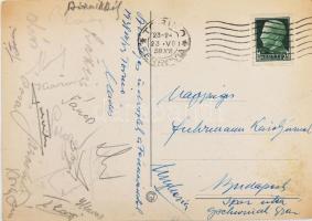 1938 A Ferencváros-Torino (2:3) Közép-európai kupa (Mitropa kupa), Elődöntő labdarúgó mérkőzésről a Fradi játékosok által küldött, aláírt lap.   Autograph signed postcard of Ferencvaros players from the semi-final of the Mitropa Cup Torino: FTC Players:   Háda József  Tátrai Sándor  Korányi Lajos  Magda Béla  Polgár Gyula  Lázár Gyula  Táncos Mihály  Kiss Gyula  Sárosi György  Toldi Géza  Kemény Tibor