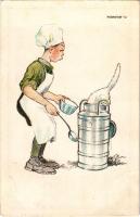 1929 Cserkész tejes tartállyal és macskával. Magyar Cserkészszövetség Nagytábortanácsa kiadása, Korvin Testvérek offszetnyomása / boy scout with milk container and cat, art postcard s: Márton L. (EB)