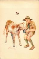 A cserkész szereti a természetet, jó az állatokhoz. A Magyar Cserkészszövetség kiadása / Hungarian boy scout art postcard s: Márton L. (EK)