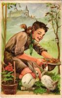 A cserkész szereti a természetet, jó az állatokhoz, és kíméli a növényeket. Cserkész levelezőlapok kiadóhivatala / Hungarian boy scout art postcard s: Márton L. (EK)