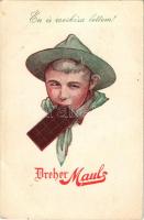 Én is cserkész lettem! Dreher Maul csokoládégyár reklámlapja, cserkészfiú. Korvin Testvérek kiadása / Hungarian chocolate factory's product advertisement, boy scout (gyűrődés / crease)