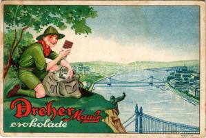 Dreher Mauls csokoládé reklámlapja, cserkész a Gellért-hegyen. Piatnik Rt. / Hungarian chocolate advertisement card with boy scout (fl)
