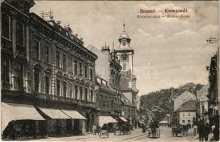 Brassó, Kronstadt, Brasov; Kolostor utca, óratorony, Albert Spitz&amp;Bruder, Breckner&amp;C. üzlete / Kloster Gasse / Monastery street, watchtower, shops, factory (kopott sarkak / worn corners)