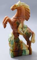 Kínai mázas kerámia ágaskodó ló, jelzett, horzsolással, m: 39 cm
