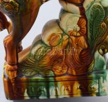 Kínai mázas kerámia ágaskodó ló, jelzett, horzsolással, m: 39 cm