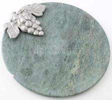 Márvány tálca, fém szőlő díszítménnyel, d: 30,5 cm