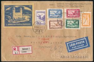 1932 Ajánlott légi levél 6 db Repülő bélyeggel és debreceni levélzáróval Finnországba küldve