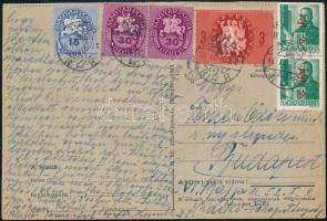 1946 (11. díjszabás) Távolsági levelezőlap 6 db bélyeggel bérmentesítve Győrből Budapestre