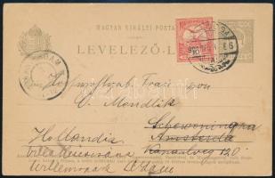 1901 Díjkiegészített díjjegyes levelezőlap Amszterdamba, majd továbbküldve "KALOCSA"