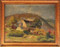 Jelzés nélkül: Házak a hegyoldalban. Olaj, karton, fa keretben, kis lyukkal a képen. 29x39 cm