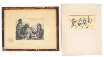 Csohány Kálmán (1925-1980): 2 db rézkarc. Egyik keretben 6x11, 13x10 cm