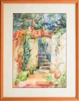 Varga Ágnes: Kertkapu. Akvarell, papír, Jelzett, üvegezett keretben. 32x23 cm