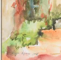 Varga Ágnes: Kertkapu. Akvarell, papír, Jelzett, üvegezett keretben. 32x23 cm