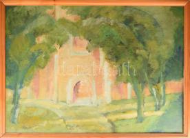 Jelzés nélkül: Kápolna a lombok között. Olaj, farost. 48x68 cm