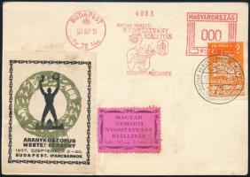 1937 Alkalmi levelezőlap gép bérmentesítéssel és 2 db levélzáróval, "MAGYAR NEMZETI NYOMTATVÁNY KIÁLLÍTÁS" alkalmi bélyegzéssel