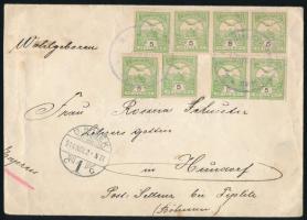 1914 Cenzúrázott levél 8 db Turul bélyeggel Újvidékről Németországba