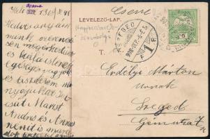 1908 Képeslap "NAGY-BECSKEREK-ZSOMBOLYA" vasúti mozgóposta bélyegzéssel