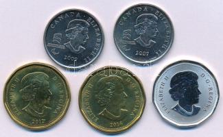 Kanada 2007-2009. 25c Ni-acél (2xklf) + 2012-2014. 1$ Cu-acél "Lucky Loonie" (2x) forgalmi...