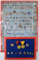 ~144db vegyes magyar és külföldi jelvény a szocialista időszakból, közte festett és zománcozott darabok, közte 2db MSZHSZ (Magyar Szabadságharcos Szövetség) lövész díjérem, két lapra tűzve T:vegyes