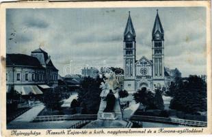 1938 Nyíregyháza, Kossuth Lajos tér a katolikus nagytemplommal és a Korona szállodával, automobil (EK)