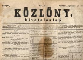 1848 szeptember 20. Közlöny hivatalos lap, szakadozott