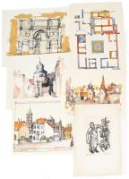 Bauer jelzéssel v. olvashatalan jelzéssel, 6 db mű: Aschaffenburg Pompejanum, Schweinfurti részletek stb. Nyomat, papír. Részben számozott. Egyik paszpartuban, paszpartu széle kissé foltos. Klf. méretekben.