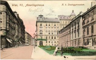 Wien, Vienna, Bécs VI. Amerlingstrasse, K.k. Staatsgymnasium. Wolf Verein. Kunstanstalten / street, high school, shops