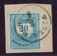 1881 10kr kivágáson vegyes fogazással, festékcsíkokkal, javítással "TISZA-DOB"