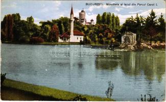 Bucharest, Bukarest, Bucuresti, Bucuresci; Moscheia si lacul din Parcul Carol I. Librariei Union / mosque, park, lake