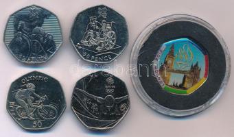 Nagy Britannia 2011-2016. 50p Cu-Ni "2012 Nyári Olimpia, London - XXX. Olimpia &amp; XIV. Paralimpia" (4xklf) forgalmi emlékérme kapszulában, közte egy multicolor + Man-sziget 2012. 50p Cu-Ni "Olimpia" T:AU, pici patina, sérült kapszula Great Britain 2011-2016. 50 Pence Cu-Ni "2012 Summer Olympics, London - XXX Olympiad &amp; XIV Paralympiad" (4xdiff) circulating commemorative coins in capsule, including one multicolor + Isle of Man 2012. 50 Pence Cu-Ni "Olympic" C:AU, small patina, broken capsule