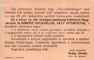 Vincellérkönyv szőlőmunkások és gazdák részére. Írta Vaday József, Második kiadása - reklám (EK)