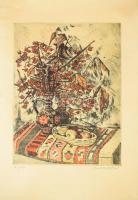 Imre István (1918-1983): Asztali csendélet. Színezett rézkarc, papír, jelzett, kartonra kasírozva, lap széle foltos, 39×29,5 cm