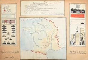 cca 1920-1930 Iskolai rajzok, 20 db, kézzel rajzolt térképek, ornamentikák, részben sérült, klf. mér...